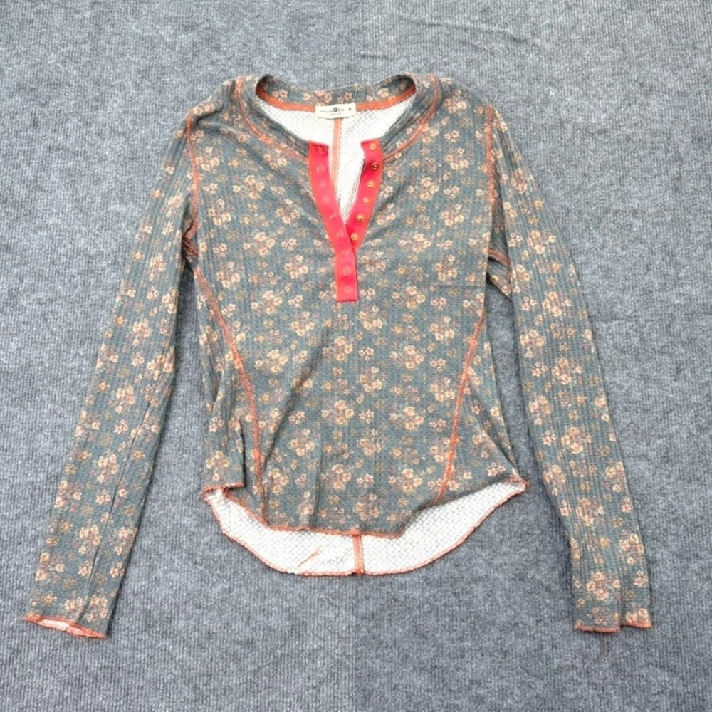 Natural Life Reagan Henley Top Women M Waffle Floral Cottagecore Boho Coquette